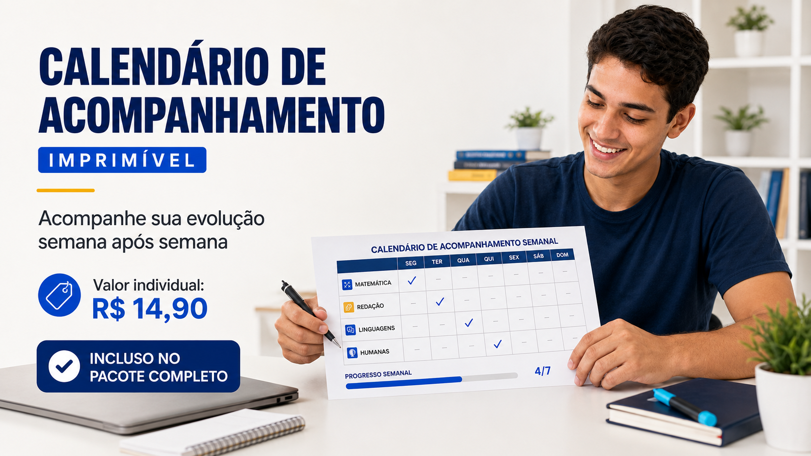 Aluno utilizando o Calendário de Acompanhamento Imprimível para organizar os estudos do ENEM 2026